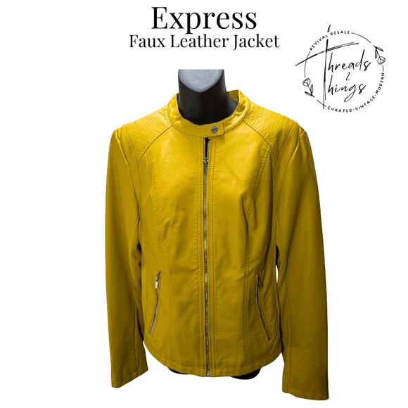 Express Faux Leather Jacket Women Lg Yellow Zip Classy Moto Fall Punk Grunge NWT - Picture 3 of 12